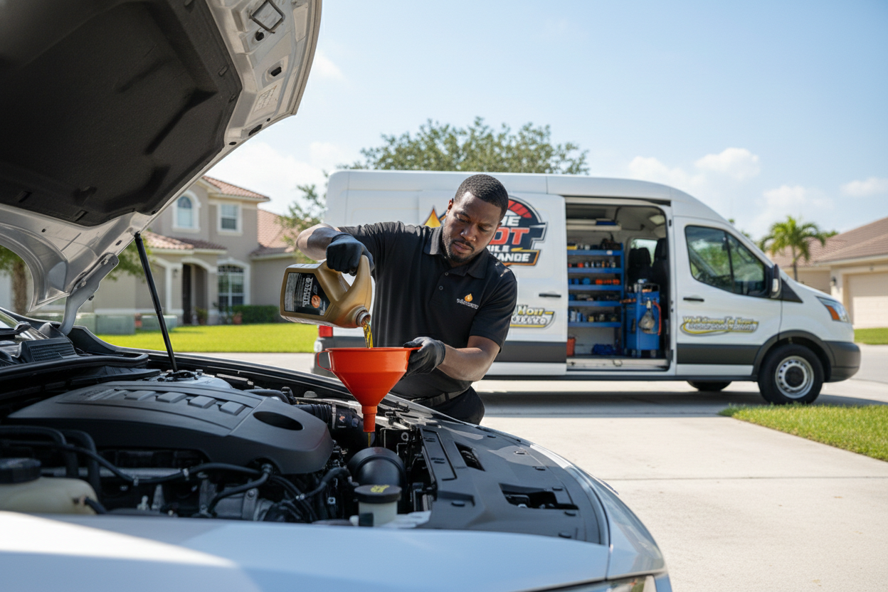 Mobile oil change service at customer location